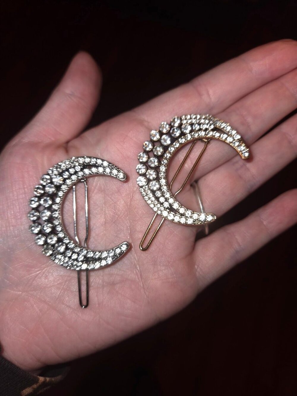 Crescent Moon Rhinestone Hair Clips Set of 2 Silver Gold Celestial Witchy